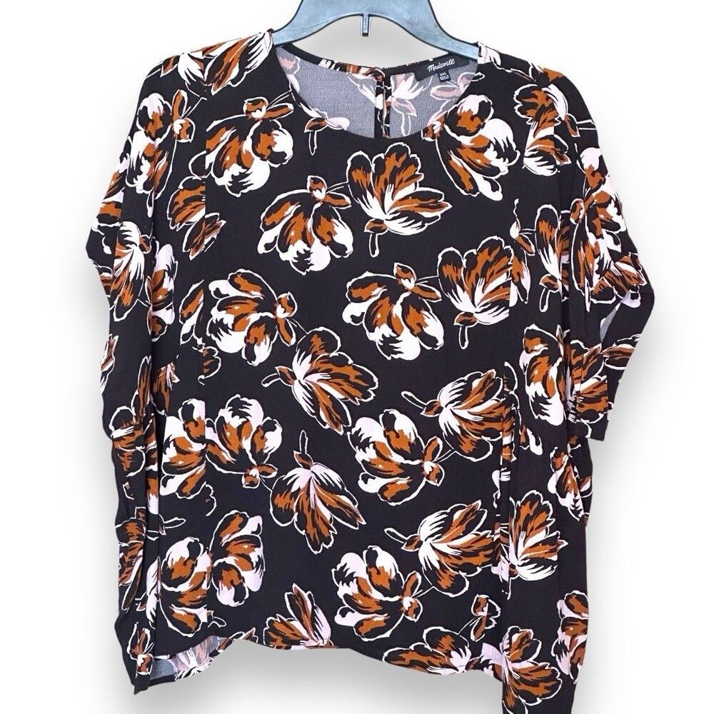 Madewell Boxy Cropped Short Sleeve Lightweight Blouse Black Orange Floral Sz XXL